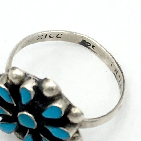 PETIT POINT sterling turquoise flower ring - size 6.5 Mexico southwest style 925 - Picture 8 of 8
